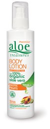 Aloe vera-based body lotion with exotic fruit scent, containing organic aloe vera and shea butter for moisturizing skin.