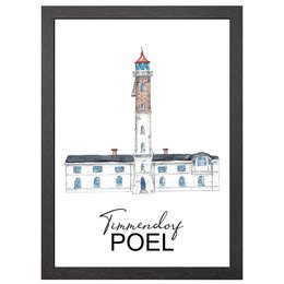 A framed poster depicting the Timmendorf Lighthouse, a landmark in Timmendorf, Germany. The poster features the lighthouse in a detailed illustration with the text "Timmendorf POEL" below.