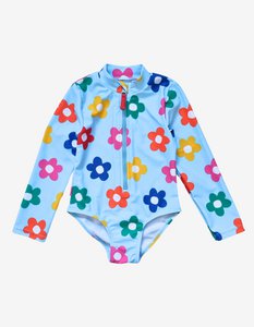 Kinder Badeanzug langarm mit Regenbogenblumen-Druck, UV-Schutz UPF 50+