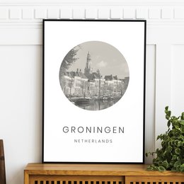Minimalist travel poster featuring the city of Groningen, Netherlands. The poster showcases the city's iconic architecture and skyline in a circular design with a neutral color palette.