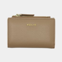 Beige slim wallet made of high-quality material with a zipper compartment and multiple card slots for convenient storage.