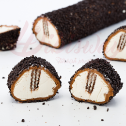 Creamy, dark-colored gummy candies with a filling, likely made with chocolate or a similar flavor.