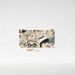 Compact, durable Tyvek® change wallet with a playful, illustrated pattern featuring various cartoon faces and accessories.