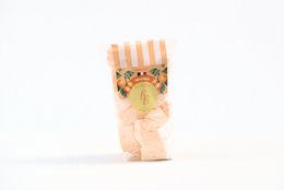  "Artisanal marshmallows, mirabelle plum flavor, cream colored, striped paper bag, French Alsace product"