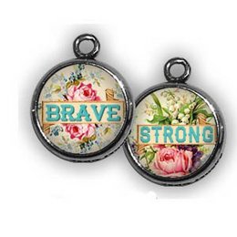 Floral pendant with "Brave Strong" text, featuring pink roses and green foliage on a white background.