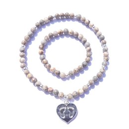 Gray Jasper and silver plated bracelet with heart charm, featuring a delicate and elegant design suitable for everyday wear.