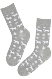 Light gray Christmas socks with white reindeer and snowflake pattern, cozy knit design for men.