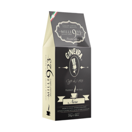 Dark roast coffee beans in a black and white package labeled "Mille923 Black 250g". The package features a logo and text indicating it is a coffee product.