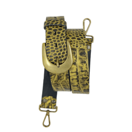 This image shows a leopard print handbag with a strap and zipper closure. The handbag has a distinctive animal print pattern in shades of yellow and black, giving it a stylish and fashionable appearance.