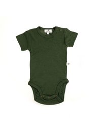 A short-sleeved, olive green romper made of merino wool. The romper features a V-neck and snap buttons along the bottom for easy dressing.