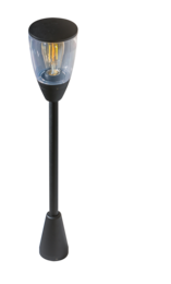 A tall, black outdoor lighting fixture with a glass shade and a single Edison-style bulb visible inside.