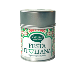 Festa Italiana is a natural spice mix with a vibrant, festive design on the tin. The spice mix likely contains a blend of Italian herbs and seasonings suitable for a variety of Italian-inspired dishes.