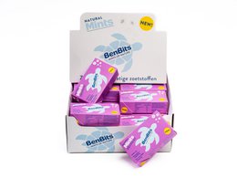  Small round mint candies in a pink and white package labeled "BenBits Dropmint Mints". The package contains multiple individually wrapped mint candies.