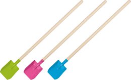 Colorful garden shovels with wooden handles in green, pink, and blue. Small shovel tool.