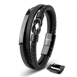 Black leather bracelet with "Proud" text, available in various sizes and metal finishes.
