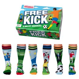 Men's mismatched football-themed socks in a gift box, featuring colorful designs with soccer players and balls.