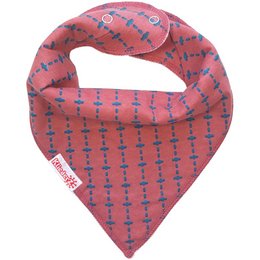 Pointed bib in pink and ruby colors, made of 100% organic cotton, featuring a stylized pattern and text details.