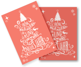 "Festive Christmas card with hand-lettered holiday text and decorative elements. Features a warm, red color palette with white accents."