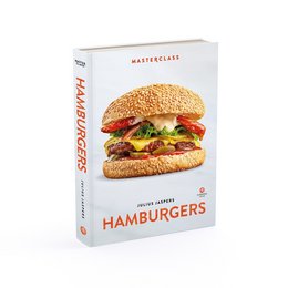 A cookbook featuring recipes for classic hamburgers, including a Japanese-style burger with sesame bun, beef patty, lettuce, tomato, and Japanese-inspired toppings.