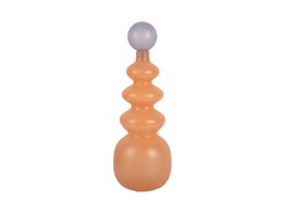  Large orange ceramic vase with a spiral design and a gray sphere on top.