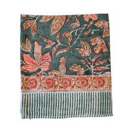  Colorful floral scarf with vibrant sunflowers, leaves, and abstract patterns in shades of blue, yellow, and red.
