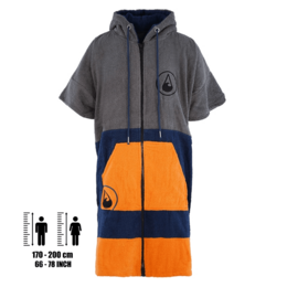 A gray and orange hooded poncho with a zipper closure and a navy blue panel. The poncho has a relaxed, casual style and is suitable for bath or loungewear.