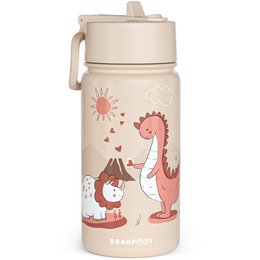 Thermo children's drinking bottle in stainless steel with a dinosaur design in brown colors. The bottle features a durable, leak-proof design and is suitable for kids.