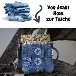 Sunsa kleine Nachhaltige Umhängetasche.  Damen Schultertasche aus recycelte Jeans & Canvas ( Segeltuch). Handtasche Vintage retro Stil. Crossbody Tasche für Frauen.