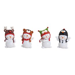  A set of 4 small snowman figurines made of polyresin material, measuring approximately 6x8x4 cm each. The snowmen are wearing assorted hats and scarves in festive colors like red, green, and black, giving them a whimsical and decorative appearance. These standing decorations are perfect for adding a touch of winter charm to any holiday or home decor.
