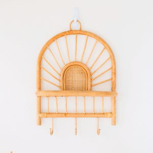 Rotan Wandplank – Kleine Boho Wandplank – Hangende Rotan Plank – Jas- of Sleutelhaak – Handgemaakte Plank Gemaakt van Rotan (41x53 cm) BANTEN