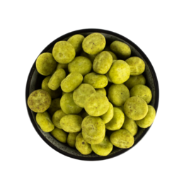  Round, green, bite-sized Dutch cookies called pistache pepernoten in a clear plastic bag.