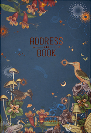 Blue address book with floral and mushroom illustrations, featuring the text "ADDRESS BOOK" in red.
