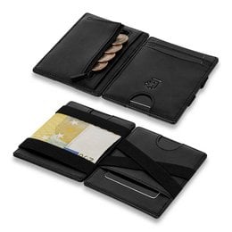 Black leather flip wallet with card slots and cash compartment.