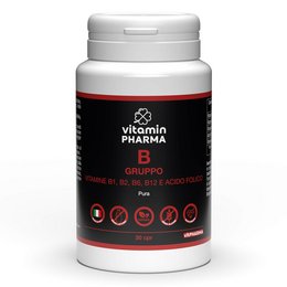 Bottle of pure group B vitamins supplement containing vitamins B1, B2, B6, and folic acid.