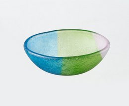 Colorful glass bowl with blue, green, and pink hues. Oval-shaped with a shallow design.