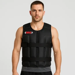 Adjustable 18 kg weight vest for fitness training. Black color, durable nylon material, with padded shoulder straps for comfort.