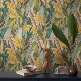  Vintage-inspired floral wallpaper in shades of yellow, green, and gray with a textured, abstract leaf pattern.