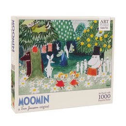 A 1000-piece puzzle featuring the whimsical Moomin characters in a colorful, nature-inspired scene. The puzzle depicts the Moomin family and friends gathered in a lush, garden-like setting with trees, flowers, and other natural elements.