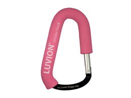 A pink, U-shaped carabiner-style hook for attaching to a stroller or pram. The hook is made of durable plastic and features the word "LUTON" printed on it in white text.