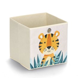  Beige fabric storage box with tiger illustration, cute animal design for kids organization and room decor.