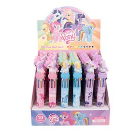 Pink, blue, purple plastic pens for kids with unicorn character toppers, colorful multi-pen design.