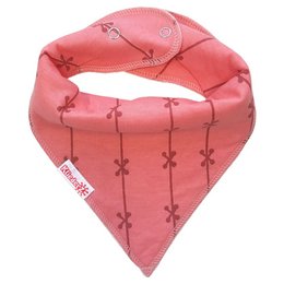 A pink baby bib with a criss-cross pattern and star designs.