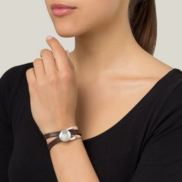 GD-Armband aus Silber und Leder, doppelt gewickelt, braunes Zamak