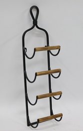 A black metal and wood wine rack with 4 shelves for storing wine bottles.
