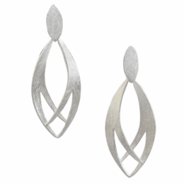 Elegant silver statement earrings with a modern, abstract design featuring overlapping leaf-like shapes. The earrings have a sleek, minimalist style that would complement a variety of outfits.