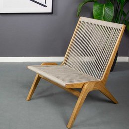 Oiled oak armchair with beige woven seat and backrest, featuring a modern, minimalist design.