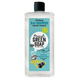 2-in-1 shampoo and body wash with mimosa and blackcurrant scents, made with natural green soap ingredients.