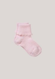 Soft pink wool ruffle socks for babies, available in sizes 14/15, 16/17, 18/19, 20/21, and 22/23.