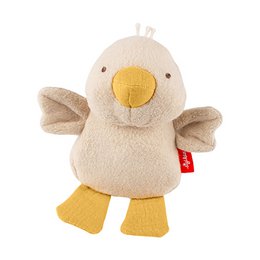 Yellow and cream duck plushie with soft fabric wings and feet, round shape baby toy.