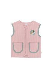 A pink quilted vest for kids, featuring a contrast binding and a cute patch design. The vest is available in sizes 2-3 years, 3-4 years, 4-5 years, 5-6 years, and 6-7 years.